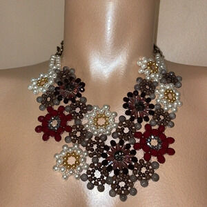 women’s necklace statement bib beads jewels Handmade pearl bead cream accent